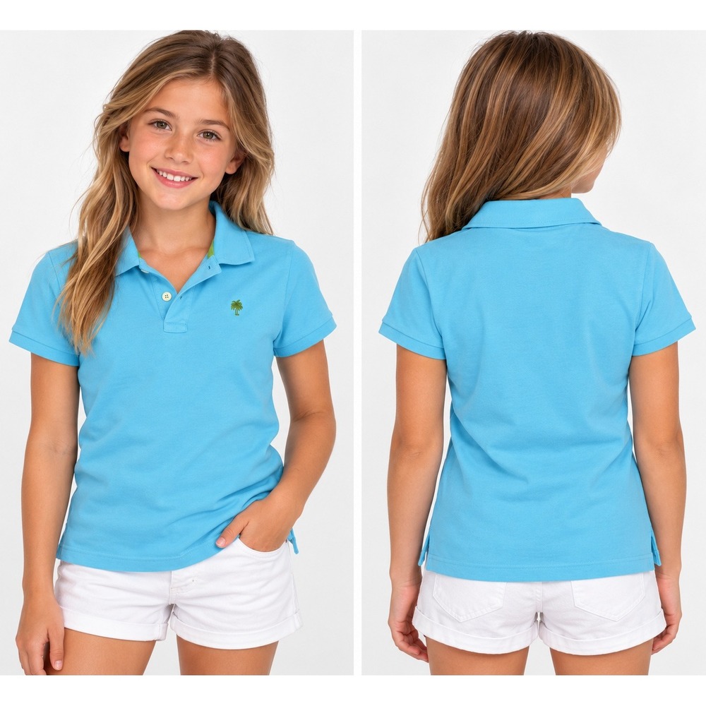 Lilly Pulitzer Girls Jr Atlantique Polo Shirt Light Blue Palm Tree Logo Large L